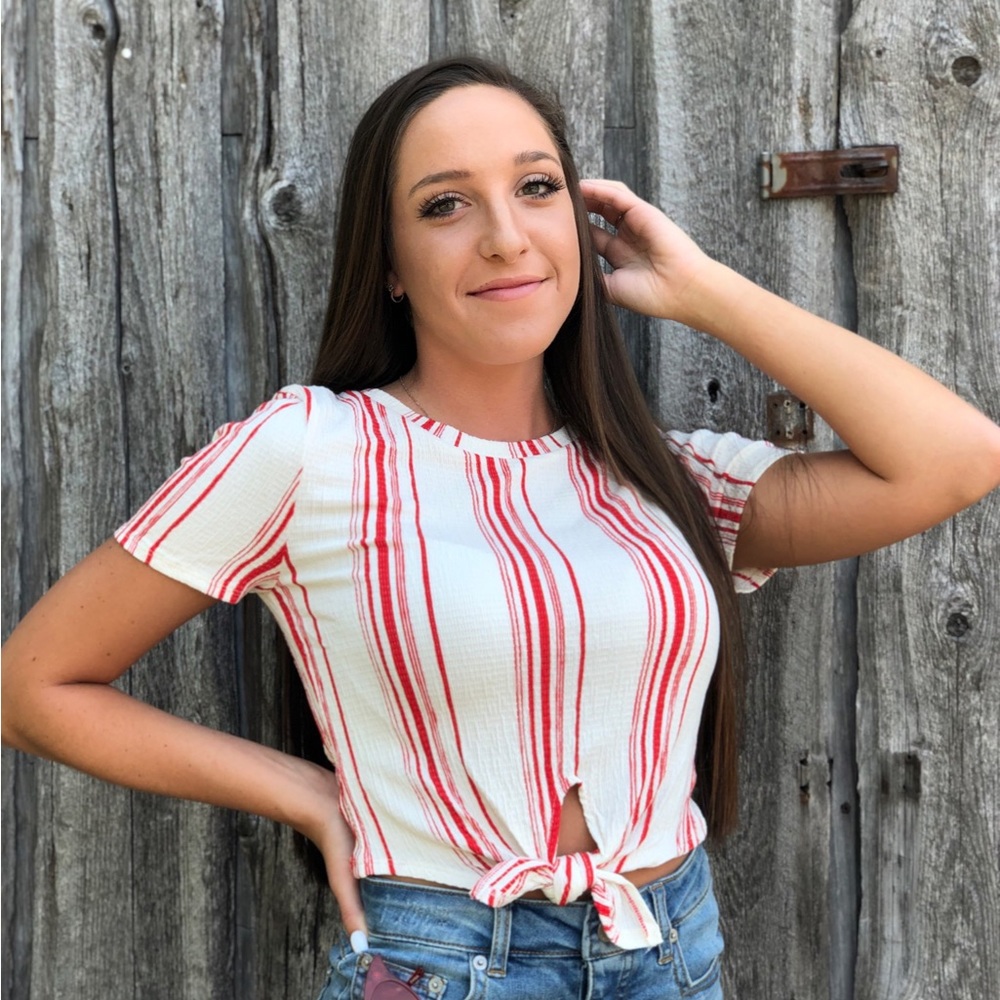 Red Stripe Short Sleeve Front Knot Crop Top